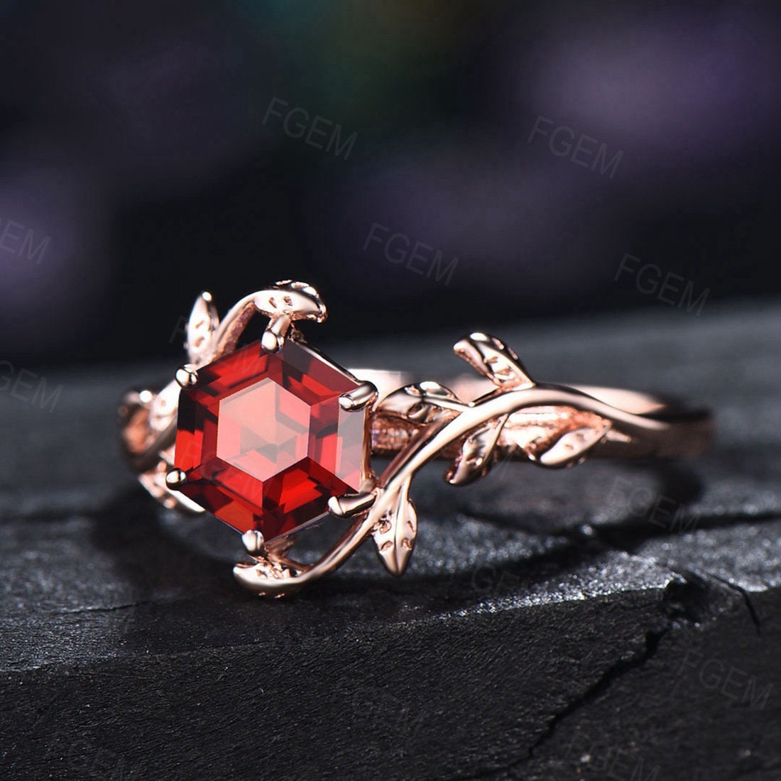 1ct Hexagon Cut Natural Garnet Ring Red Gemstone Jewelry Nature Inspired Twig Leaf Garnet Engagement Rings Unique January Birthstone Gifts