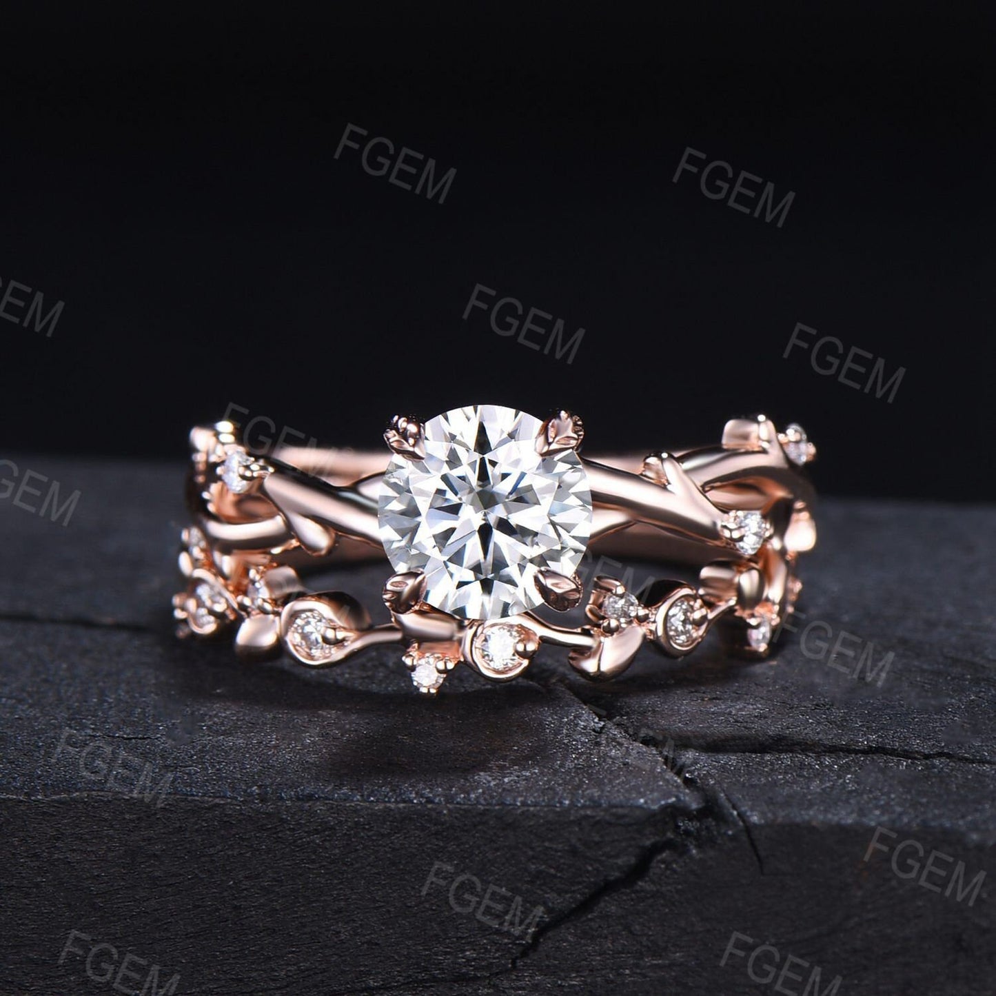 Twig Moissanite Ring Set 10K Rose Gold Round Cut Nature Inspired Forever One Moissanite Vine Engagement Ring Set Anniversary/Promise Ring