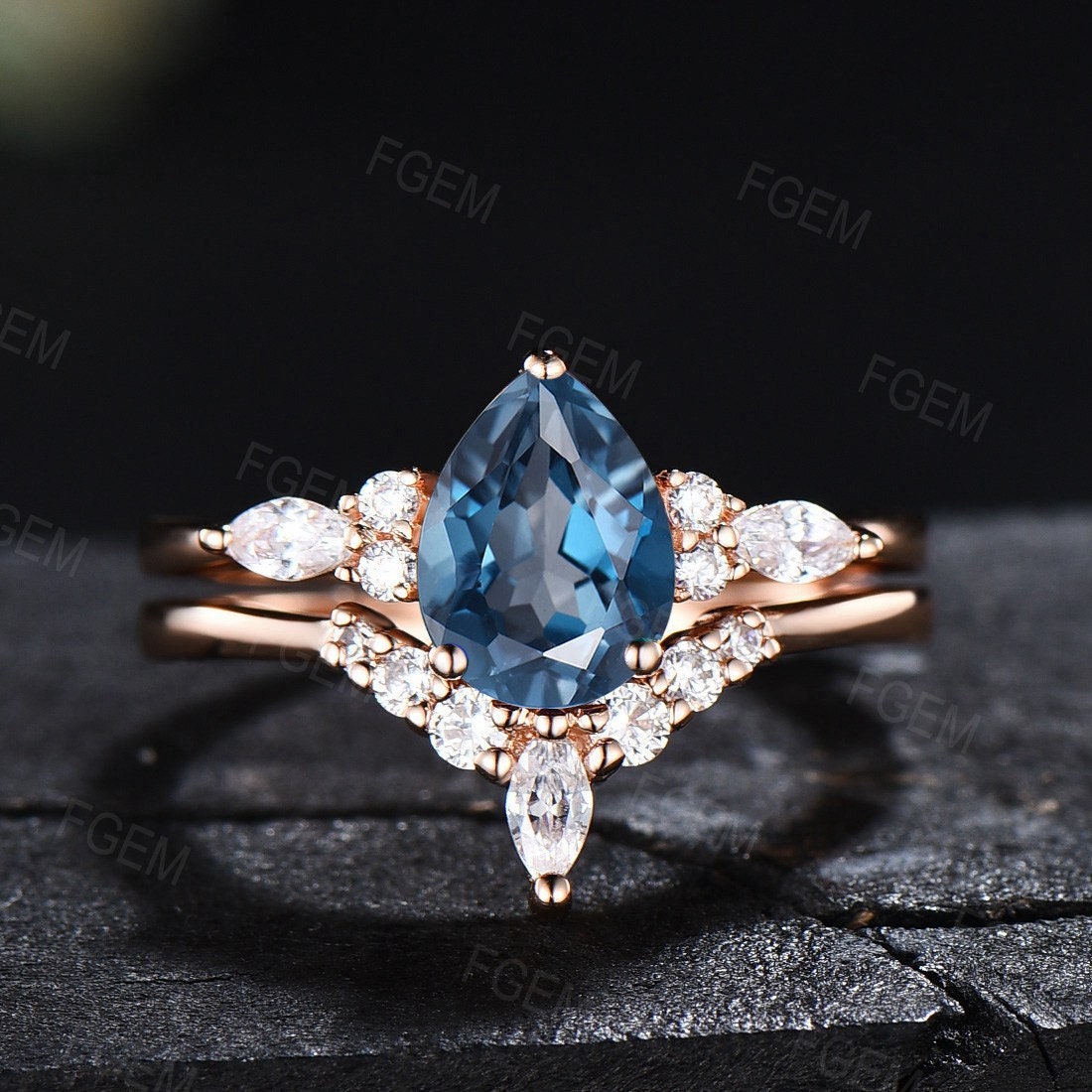 Sterling Silver Natural London Blue Topaz Ring Blue Gemstone Ring December Birthstone Wedding Ring London Blue Topaz Bridal Set Promise Gift