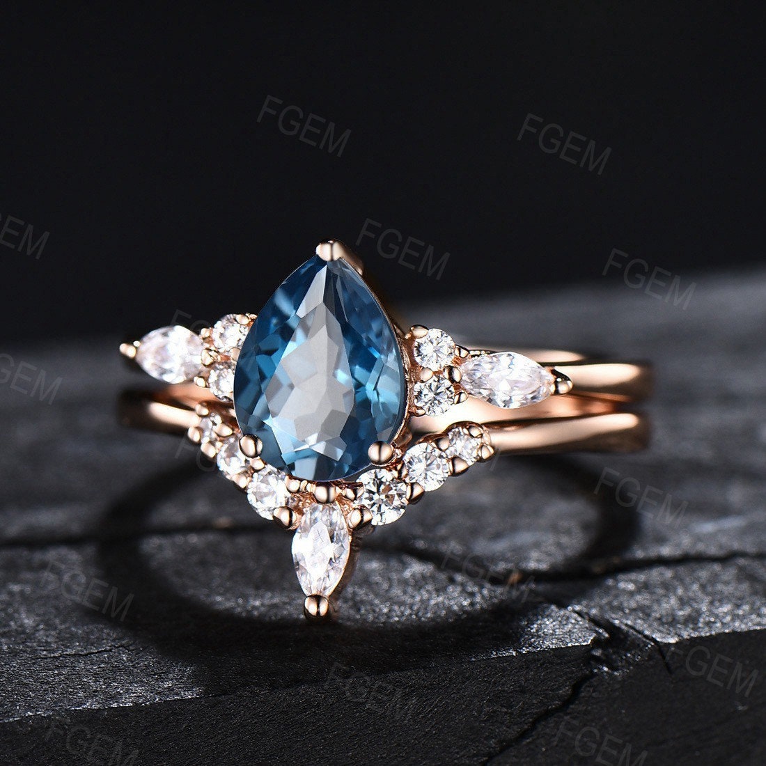 Sterling Silver Natural London Blue Topaz Ring Blue Gemstone Ring December Birthstone Wedding Ring London Blue Topaz Bridal Set Promise Gift