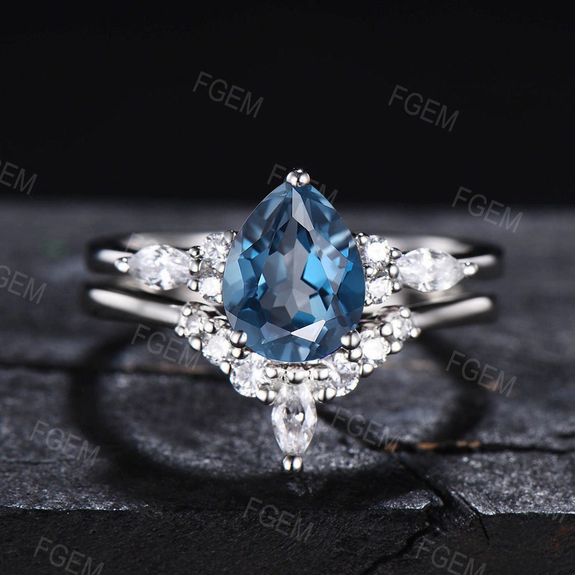 Sterling Silver Natural London Blue Topaz Ring Blue Gemstone Ring December Birthstone Wedding Ring London Blue Topaz Bridal Set Promise Gift