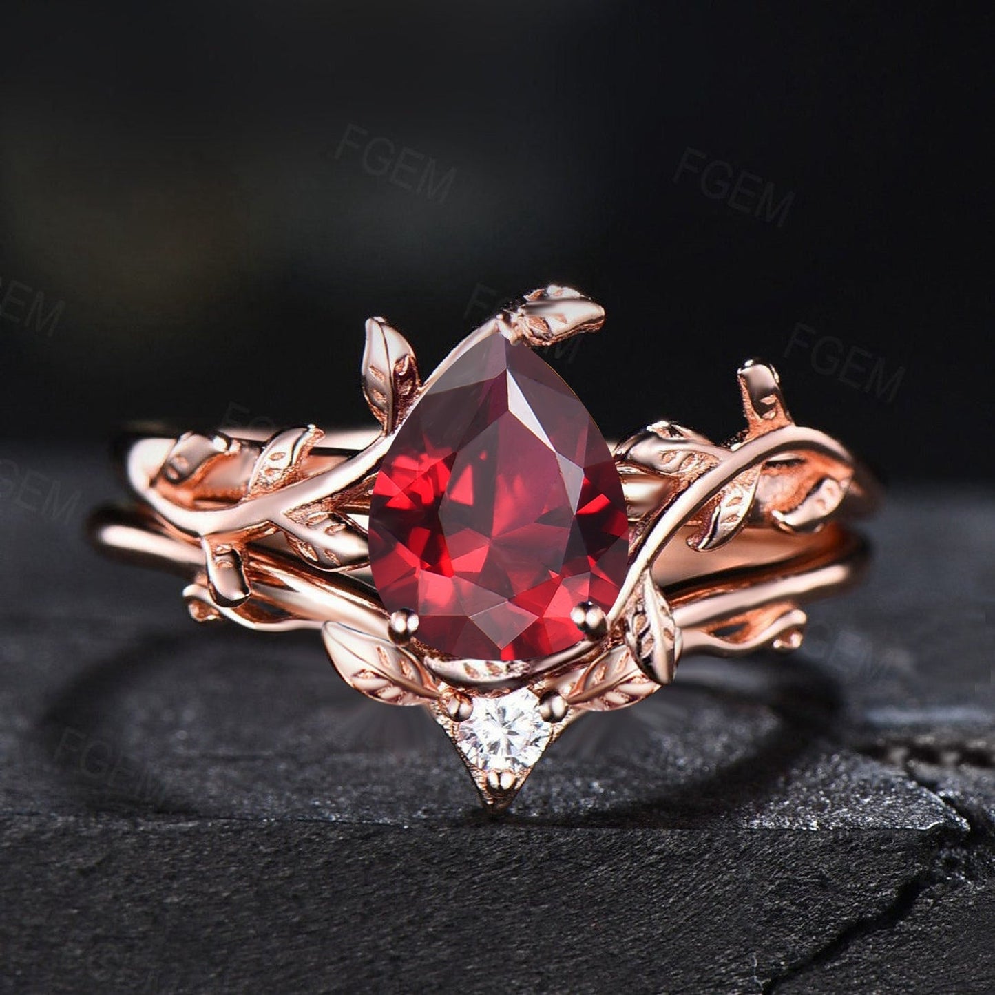 Nature Inspired Twig Leaf Ruby Engagement Ring 1.25ct Pear Shaped Red Ruby Gemstone Jewelry Anniversary Ring For Women July Birthstone Gift
