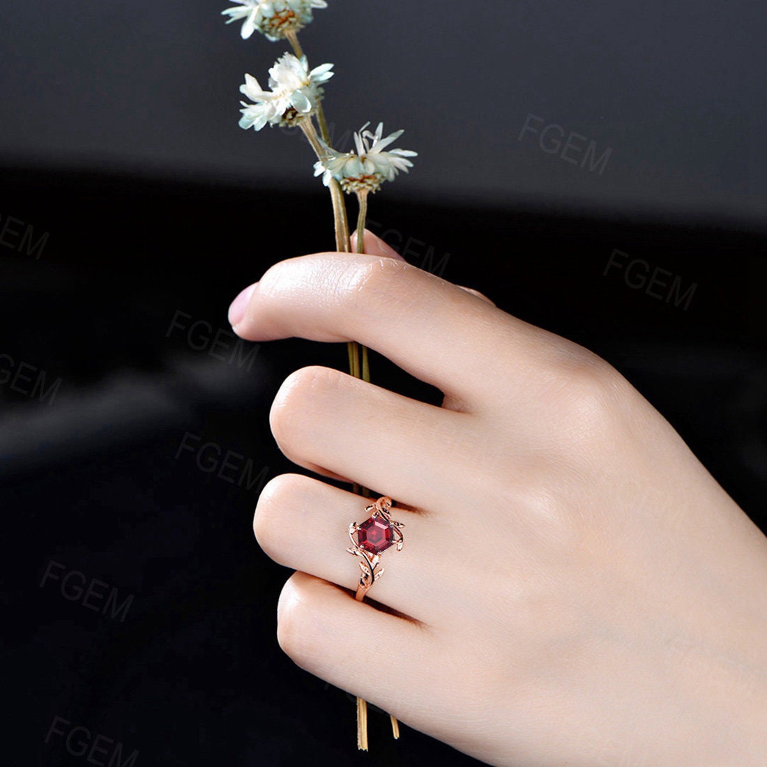 1ct Hexagon Cut Ruby Gemstone Jewelry 10K/14K/18K Rose Gold Twig Leaf Ruby Engagement Rings Anniversary Ring For Women July Birthstone Gift