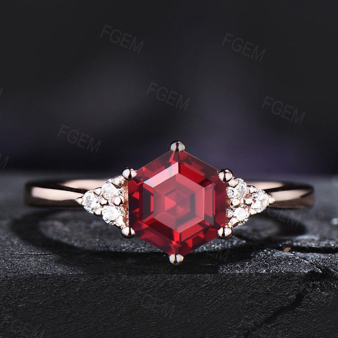 Sterling Silver Red Gemstone Jewelry 1ct Hexagon Cut Ruby Engagement Ring Unique Anniversary/Birthday Gift for Women July Birthstone Ring