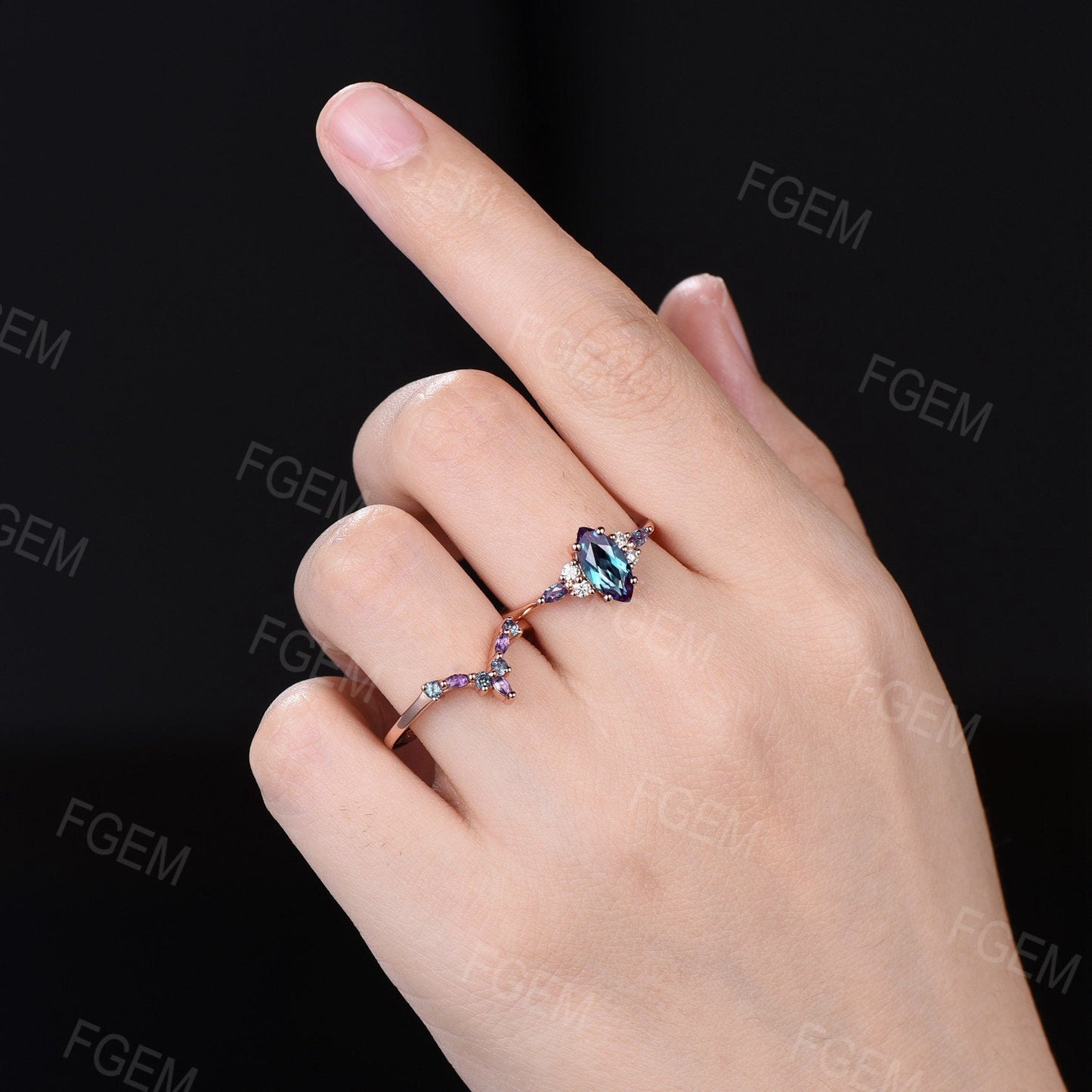 Unique Marquise Alexandrite Engagement Ring Set 10K/14K/18K Rose Gold June Birthstone Wedding Ring Vintage Moissanite Amethyst Purple Ring