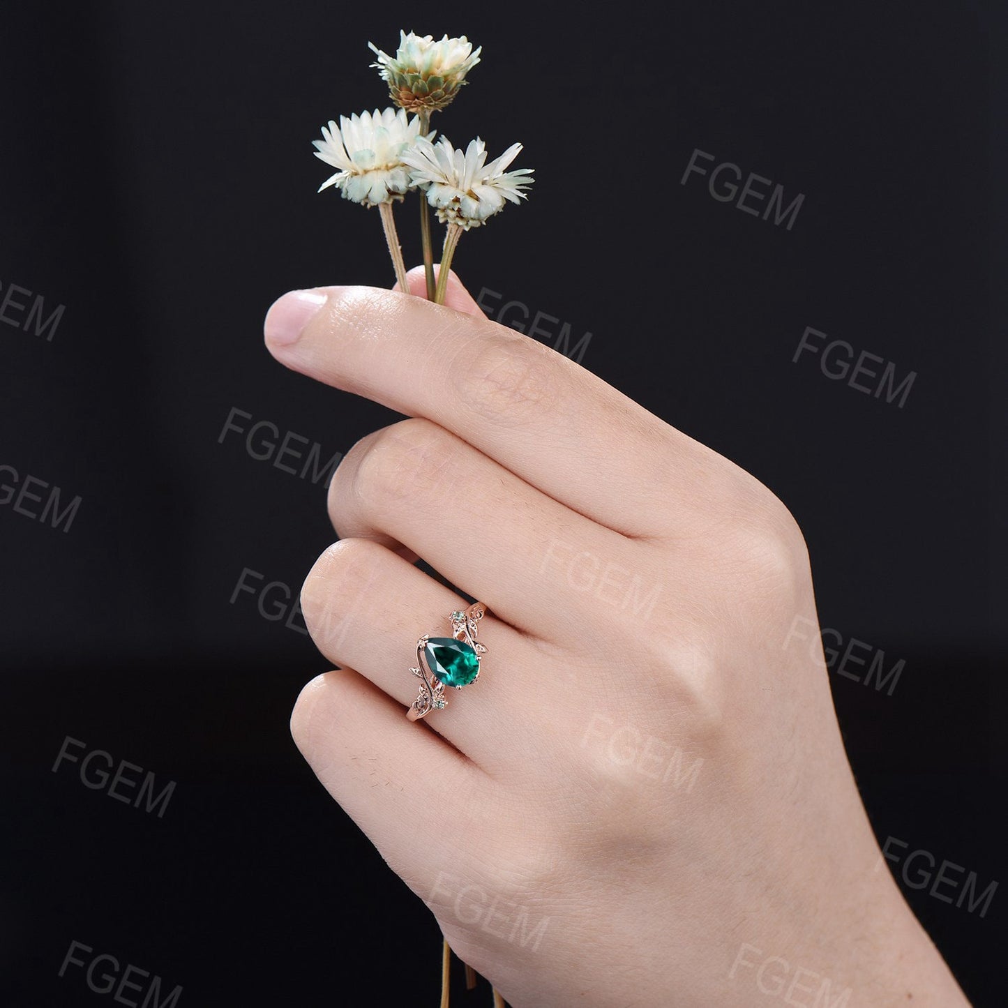 Vintage Green Emerald Nature Inspired Wedding Ring For Her Rose Gold Leaf Engagement Ring May Birthstone Ring Personalized Birthday Gifts