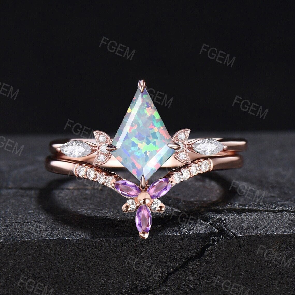 Kite Shaped Opal Moon Engagement Ring Set Rose Gold Fire Opal