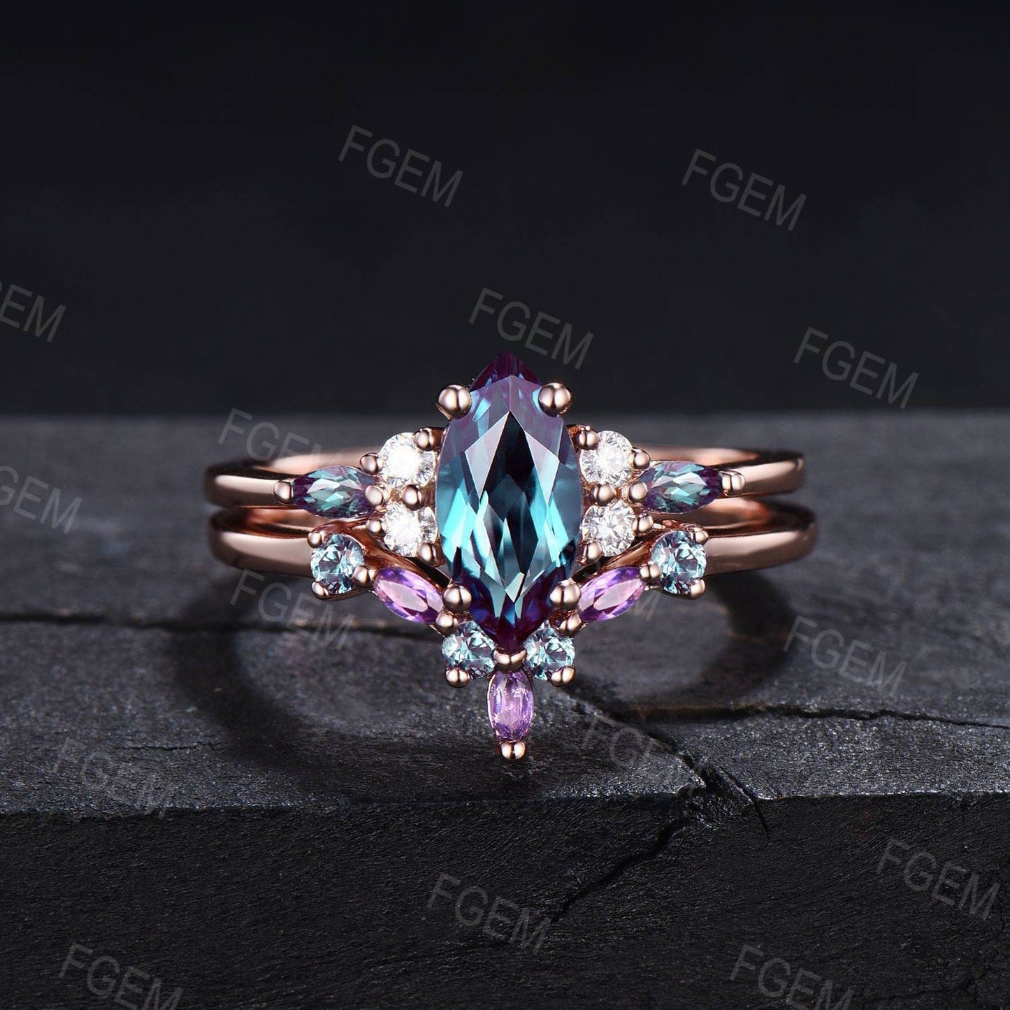 Unique Marquise Alexandrite Engagement Ring Set 10K/14K/18K Rose Gold June Birthstone Wedding Ring Vintage Moissanite Amethyst Purple Ring