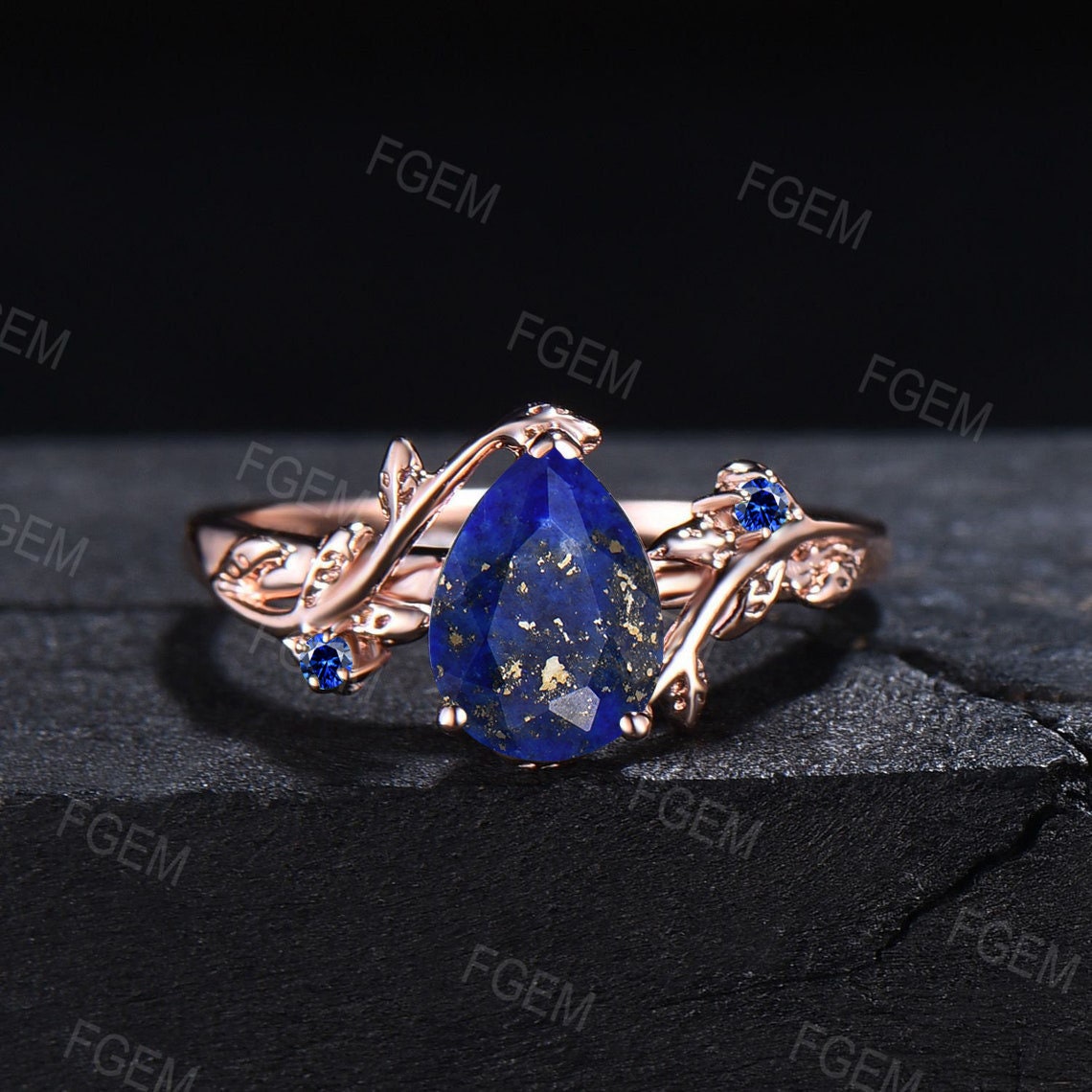 Nature Inspired Pear Lapis Lazuli Engagement Ring Set Natural Lapis Gold Leaf Ring Set 1.25CT Blue Lapis Jewelry Blue Sapphire Wedding Ring