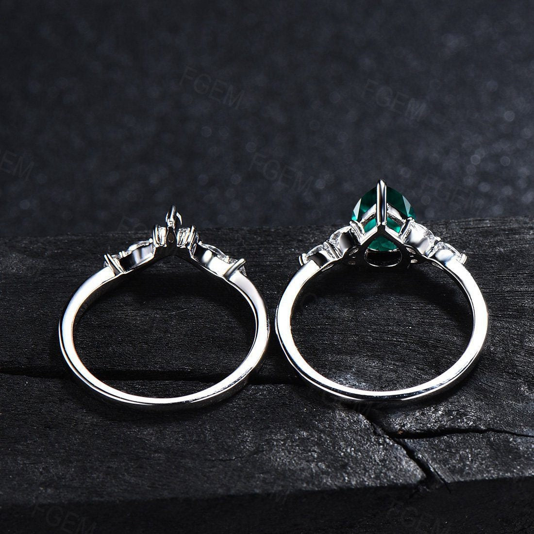 Sterling Silver Pear Shaped Green Emerald Engagement Ring Set 1.25ct May Birthstone Bridal Set Curve Wedding Stacking Band Platinum Ring Set