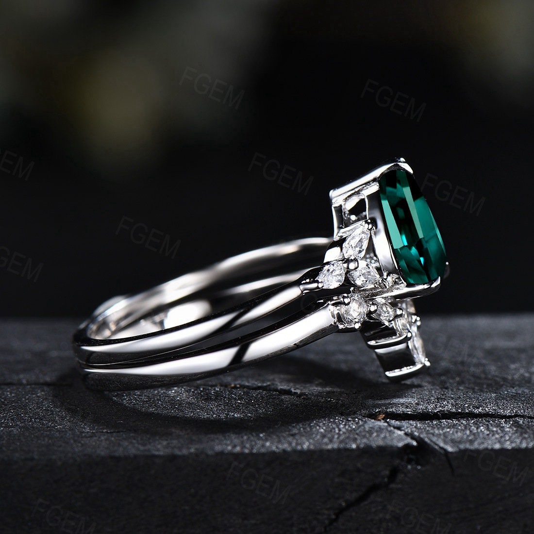 Sterling Silver Pear Shaped Green Emerald Engagement Ring Set 1.25ct May Birthstone Bridal Set Curve Wedding Stacking Band Platinum Ring Set