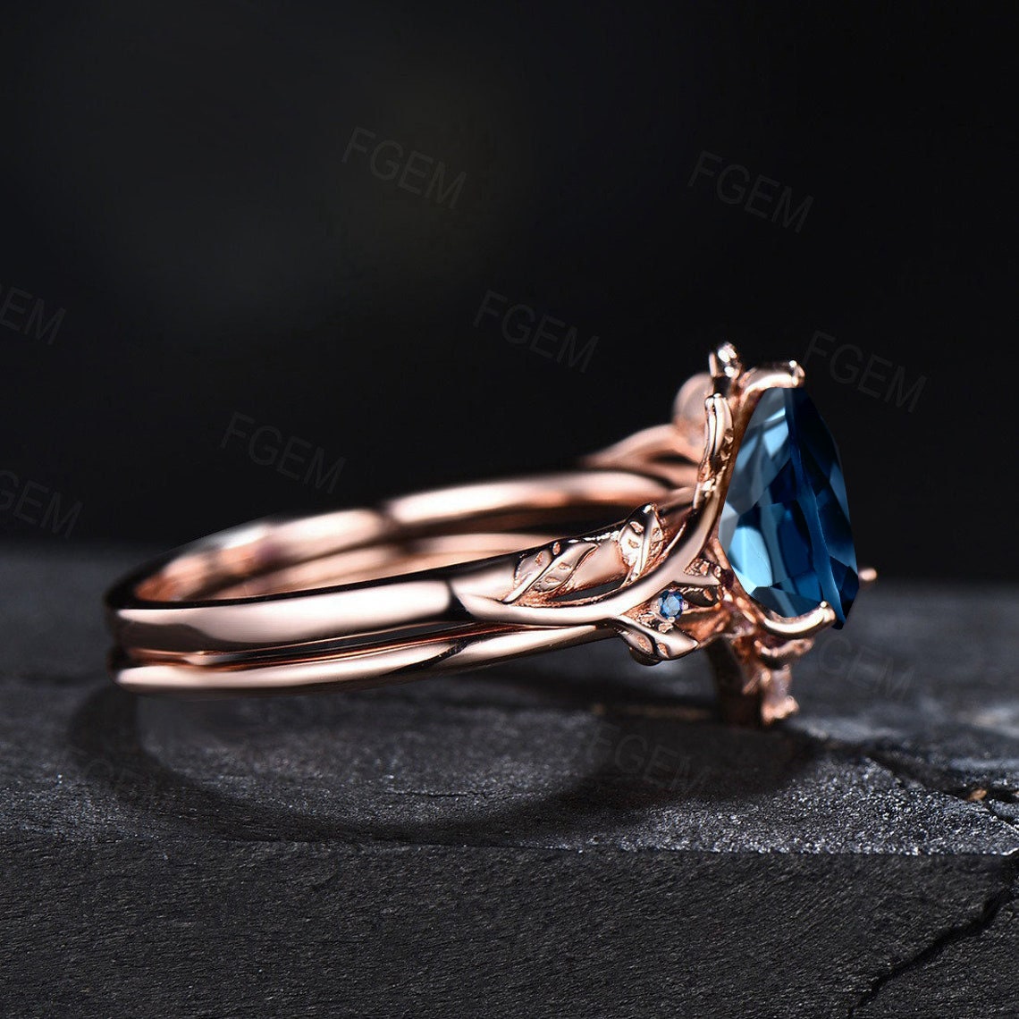Nature Inspired London Blue Topaz Sapphire Wedding Ring Set Blue Promise Ring Unique 1.25ct Pear Shaped London Blue Topaz Branch Bridal Set