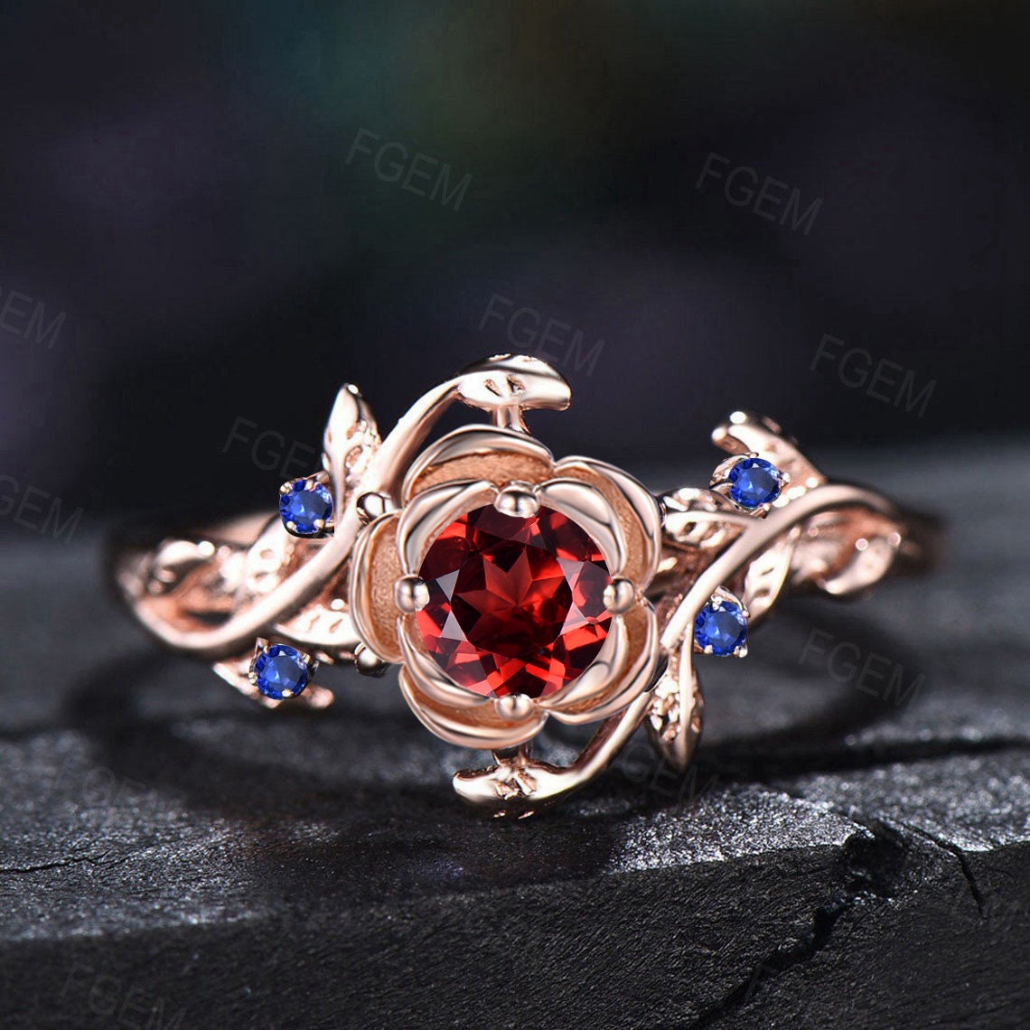 Nature Inspired Garnet Red Gemstone Ring 5mm Round Twig Leaf