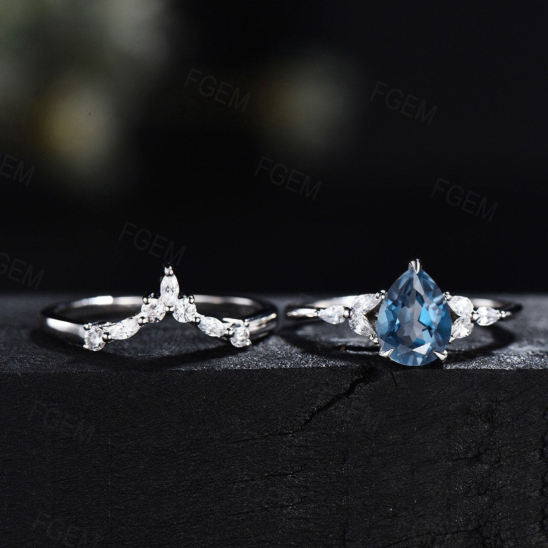 Sterling Silver Natural London Blue Topaz Engagement Ring Blue Gemstone Ring 1.25ct Pear Shaped Ring Set December Birthstone Platinum Ring