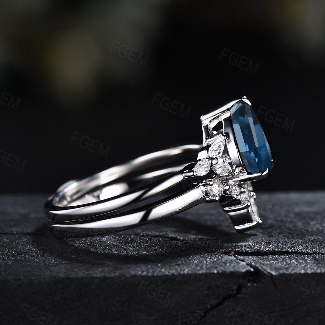 Sterling Silver Natural London Blue Topaz Engagement Ring Blue Gemstone Ring 1.25ct Pear Shaped Ring Set December Birthstone Platinum Ring