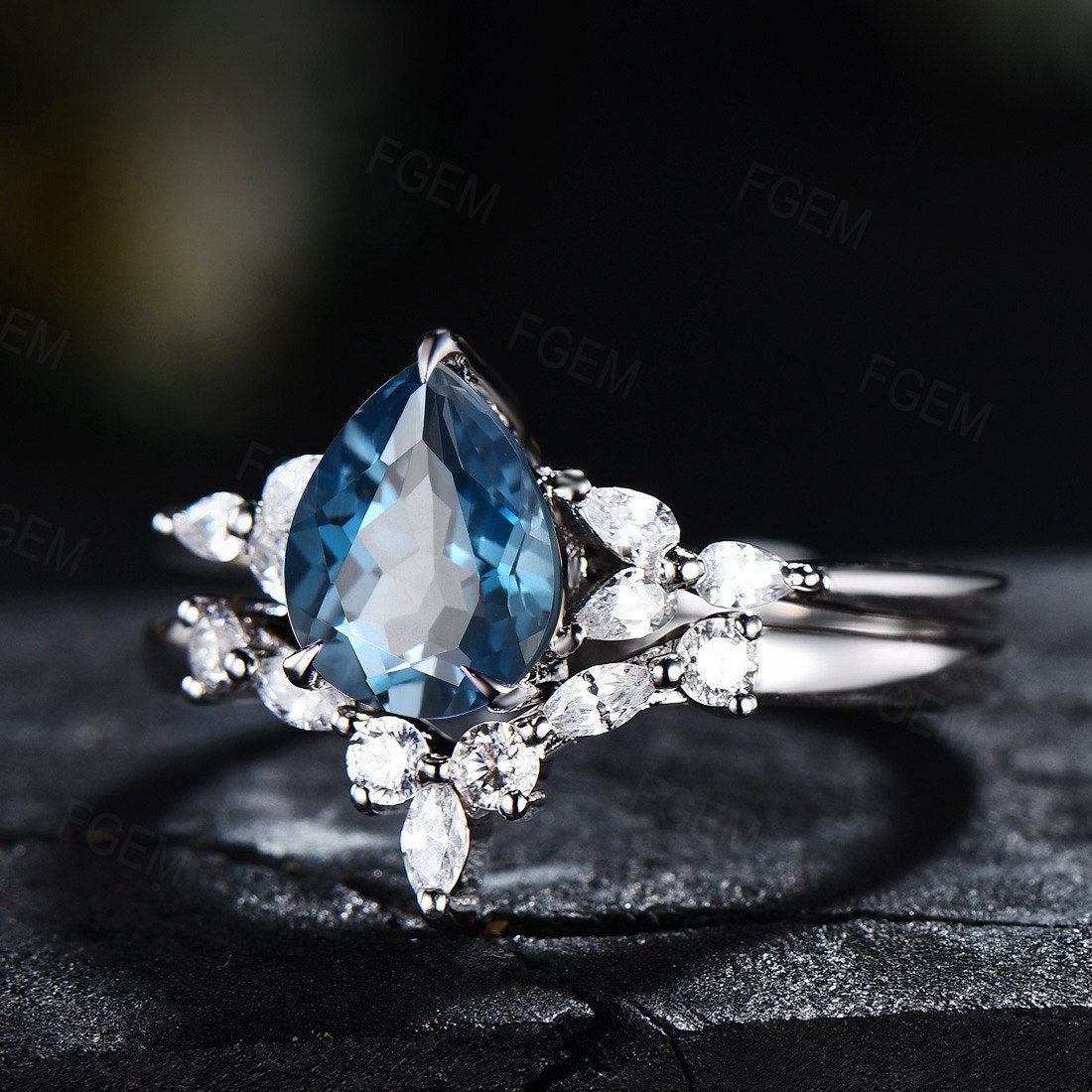 Sterling Silver Natural London Blue Topaz Engagement Ring Blue Gemstone Ring 1.25ct Pear Shaped Ring Set December Birthstone Platinum Ring