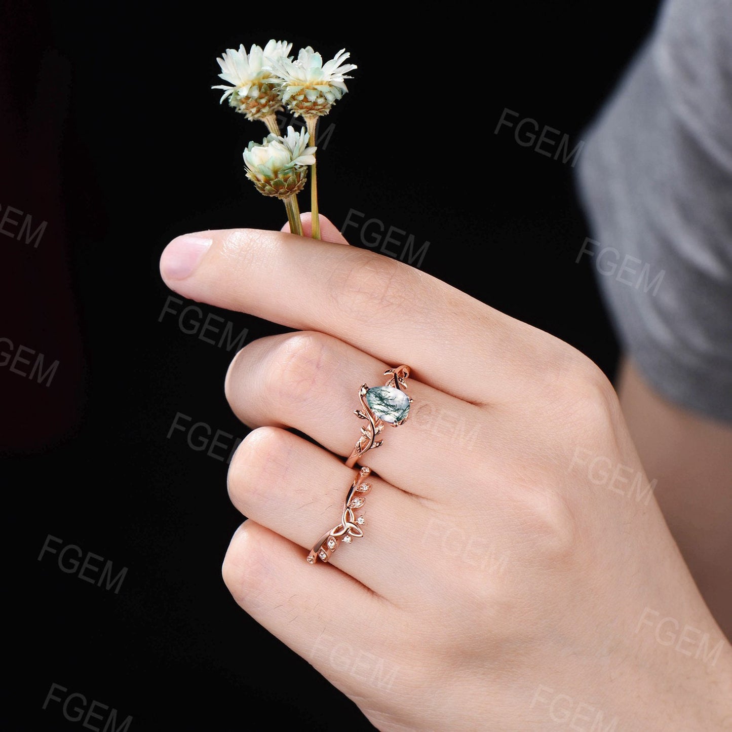Pear Shape Natural Moss Agate Bridal Set Leaf Engagement Ring Rose Gold Vintage Unique Solitaire Rings Leaves Wedding Band Anniversary Gift