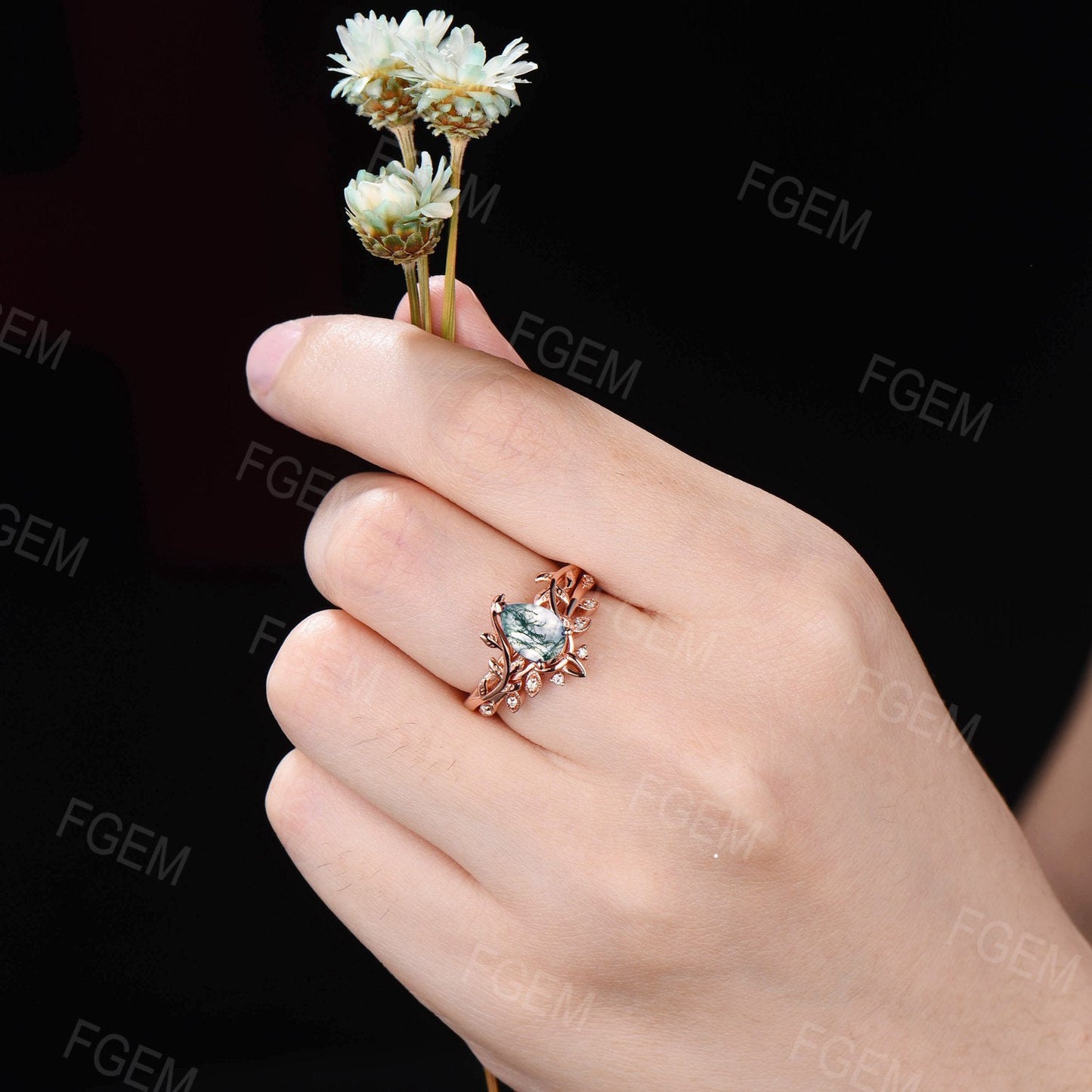 Pear Shape Natural Moss Agate Bridal Set Leaf Engagement Ring Rose Gold Vintage Unique Solitaire Rings Leaves Wedding Band Anniversary Gift