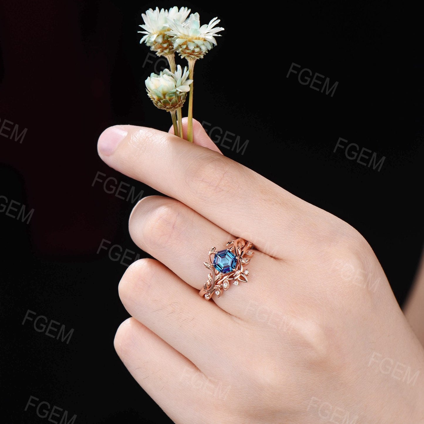 Nature Inspired Alexandrite Solitaire Ring Set 1ct Hexagon Color-Change Alexandrite Engagement Rings Leaf Vine Celtic Knot Bridal Ring Set