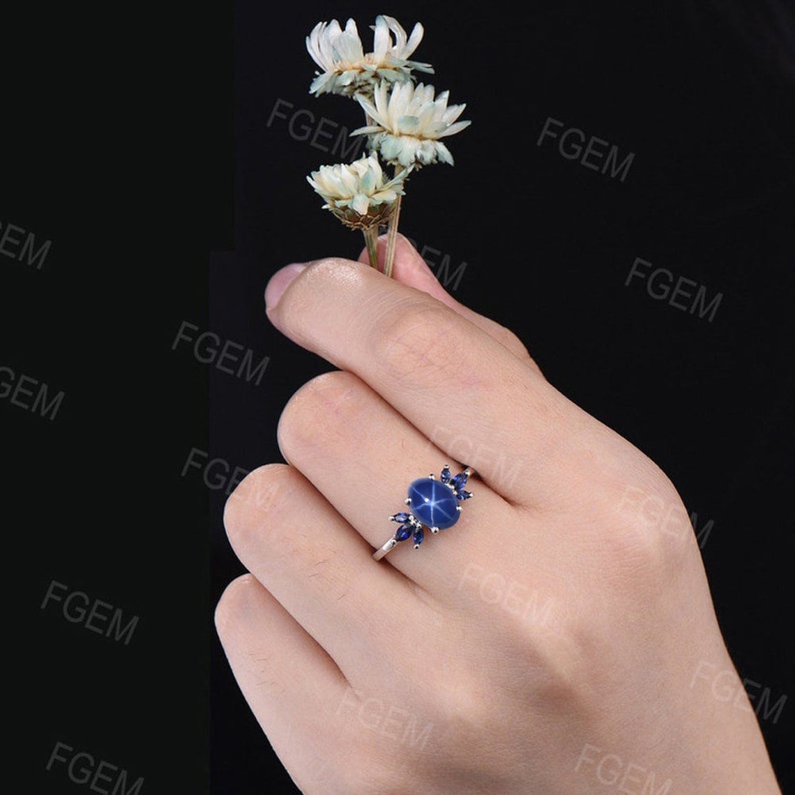 1.5ct Oval Cut Starry Sky Blue Star Sapphire Engagement Ring Blue Sapphire Cluster Wedding Ring Unique Handmade Proposal Gifts Platinum Ring