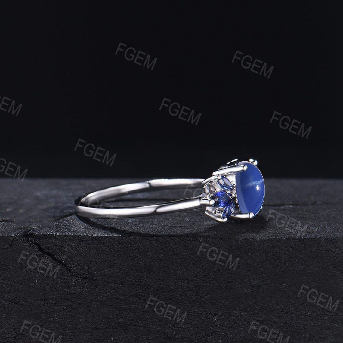 1.5ct Oval Cut Starry Sky Blue Star Sapphire Engagement Ring Blue Sapphire Cluster Wedding Ring Unique Handmade Proposal Gifts Platinum Ring
