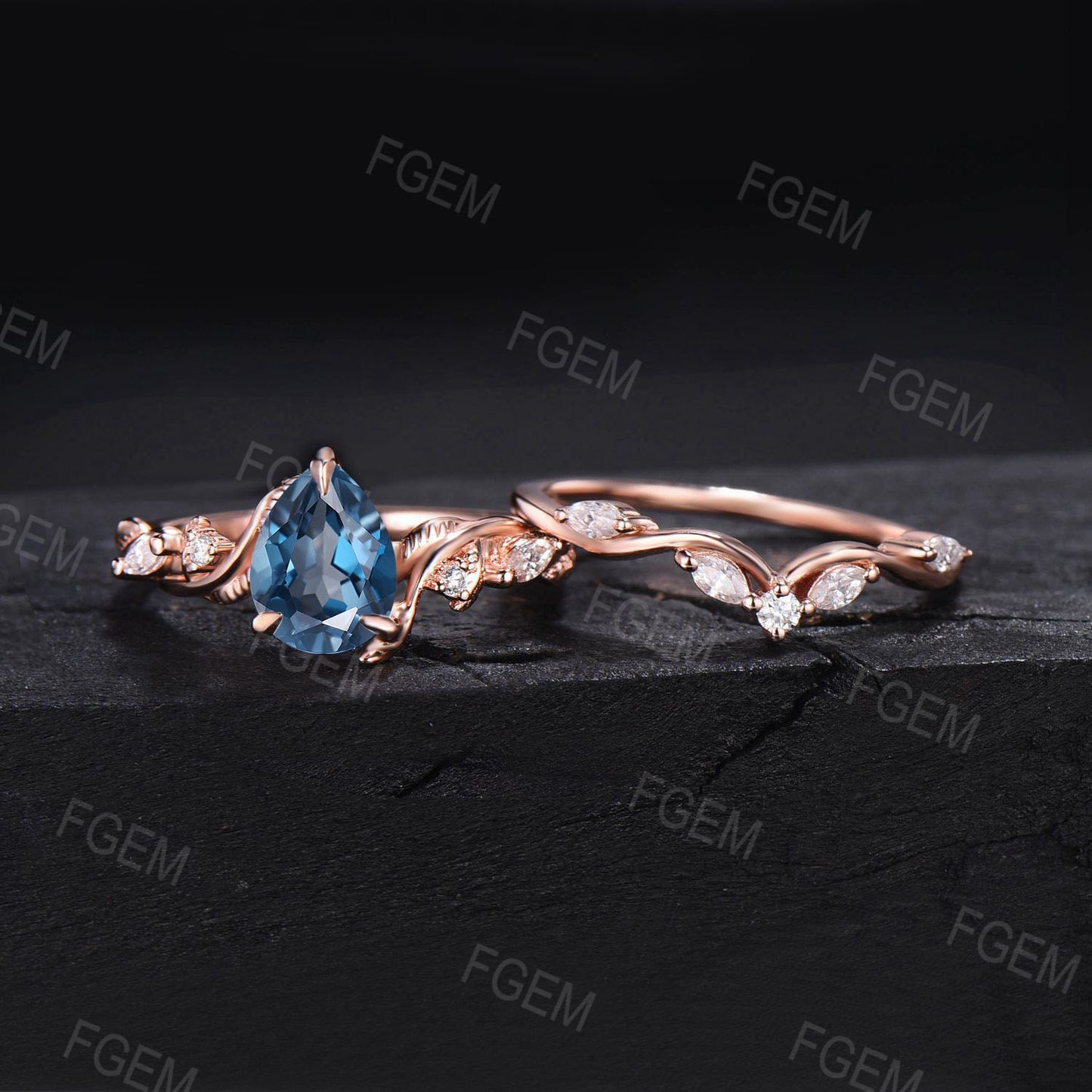 Nature Inspired London Blue Topaz Ring Set Twig Vine Twisted Wedding Band Blue Gemstone December Birthstone Jewelry Moissanite Promise Ring