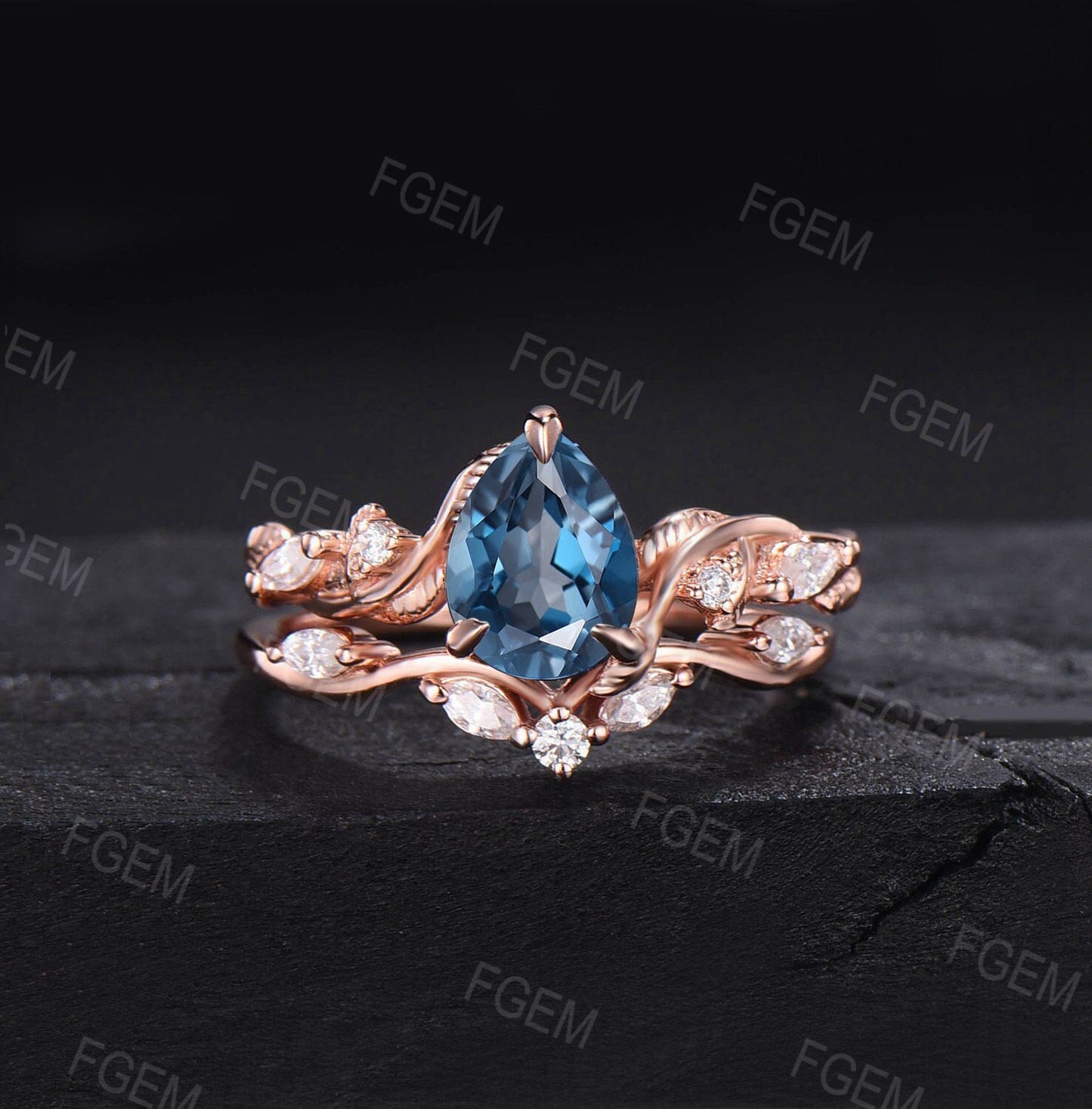 Nature Inspired London Blue Topaz Ring Set Twig Vine Twisted Wedding Band Blue Gemstone December Birthstone Jewelry Moissanite Promise Ring
