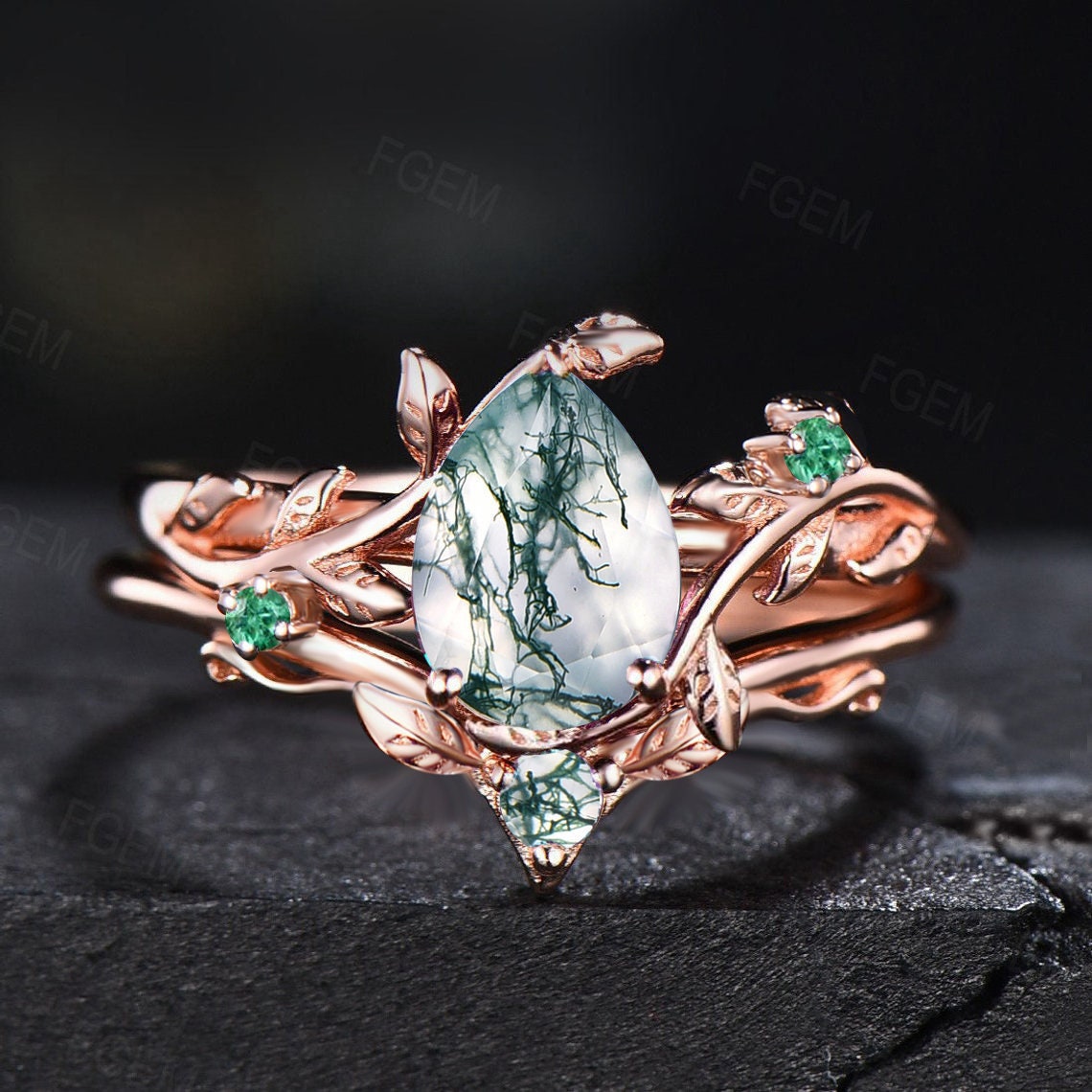 1.25ct Pear Natural Moss Agate Nature Wedding Ring Set Rose Gold Vintage Branch Emerald Cluster Ring Leaf Bridal Set Unique Anniversary Gift