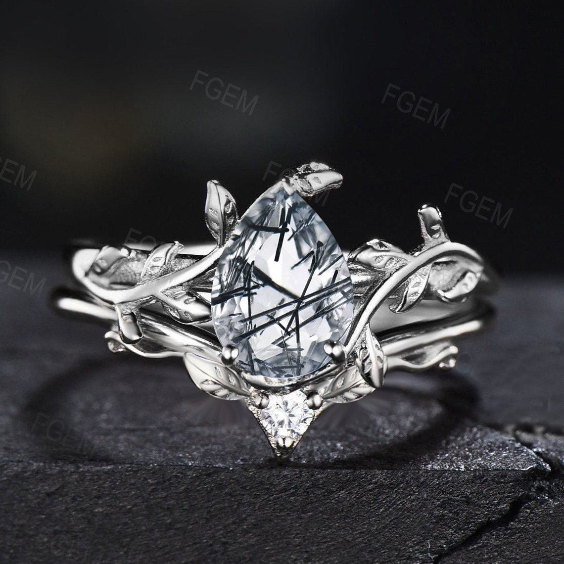 1.25ct Natural Black Rutilated Quartz Ring Set Pear Shaped Tourmalinated Quartz Ring Set Black Crystal Vintage 14k Gold Leaf Engagement Ring