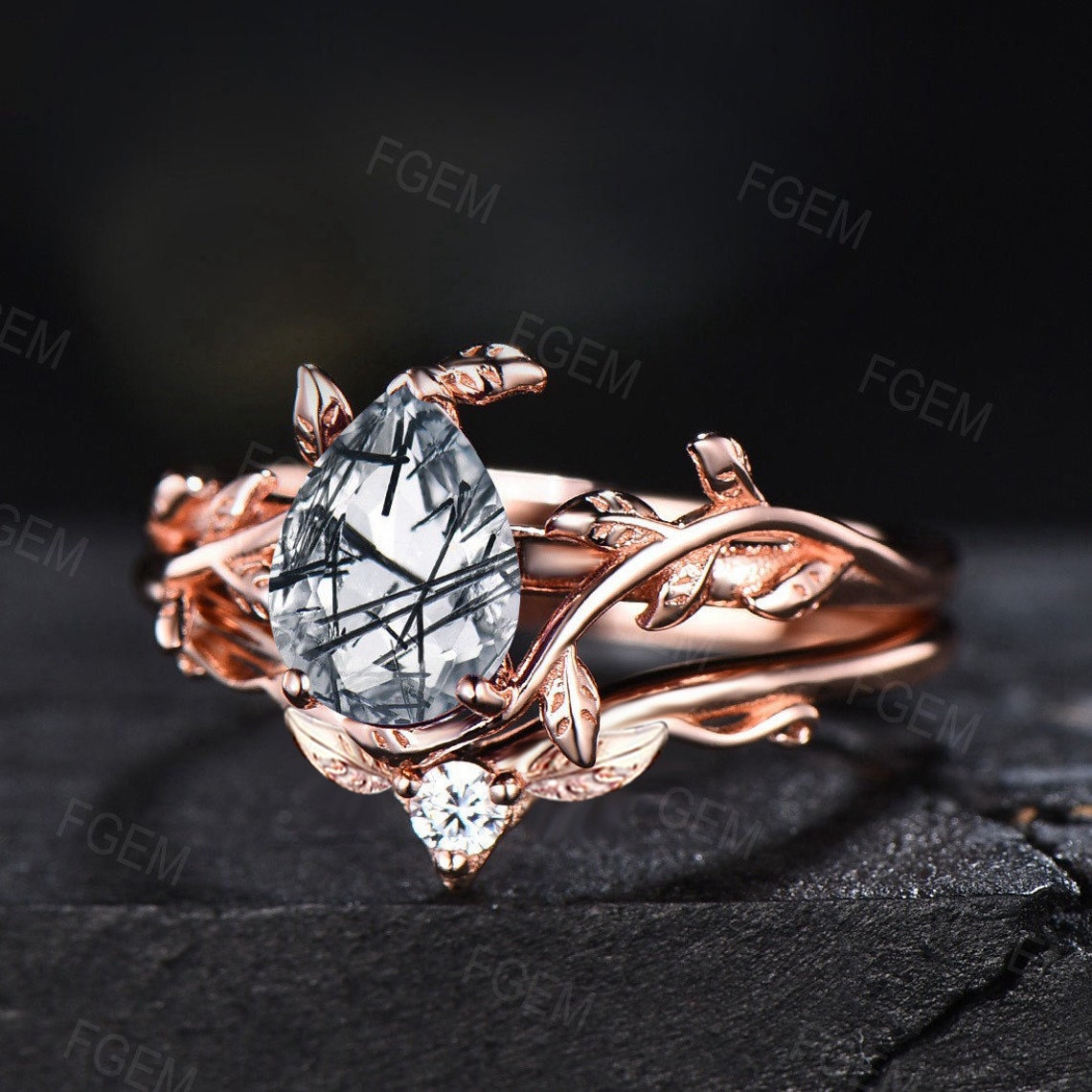 1.25ct Natural Black Rutilated Quartz Ring Set Pear Shaped Tourmalinated Quartz Ring Set Black Crystal Vintage 14k Gold Leaf Engagement Ring