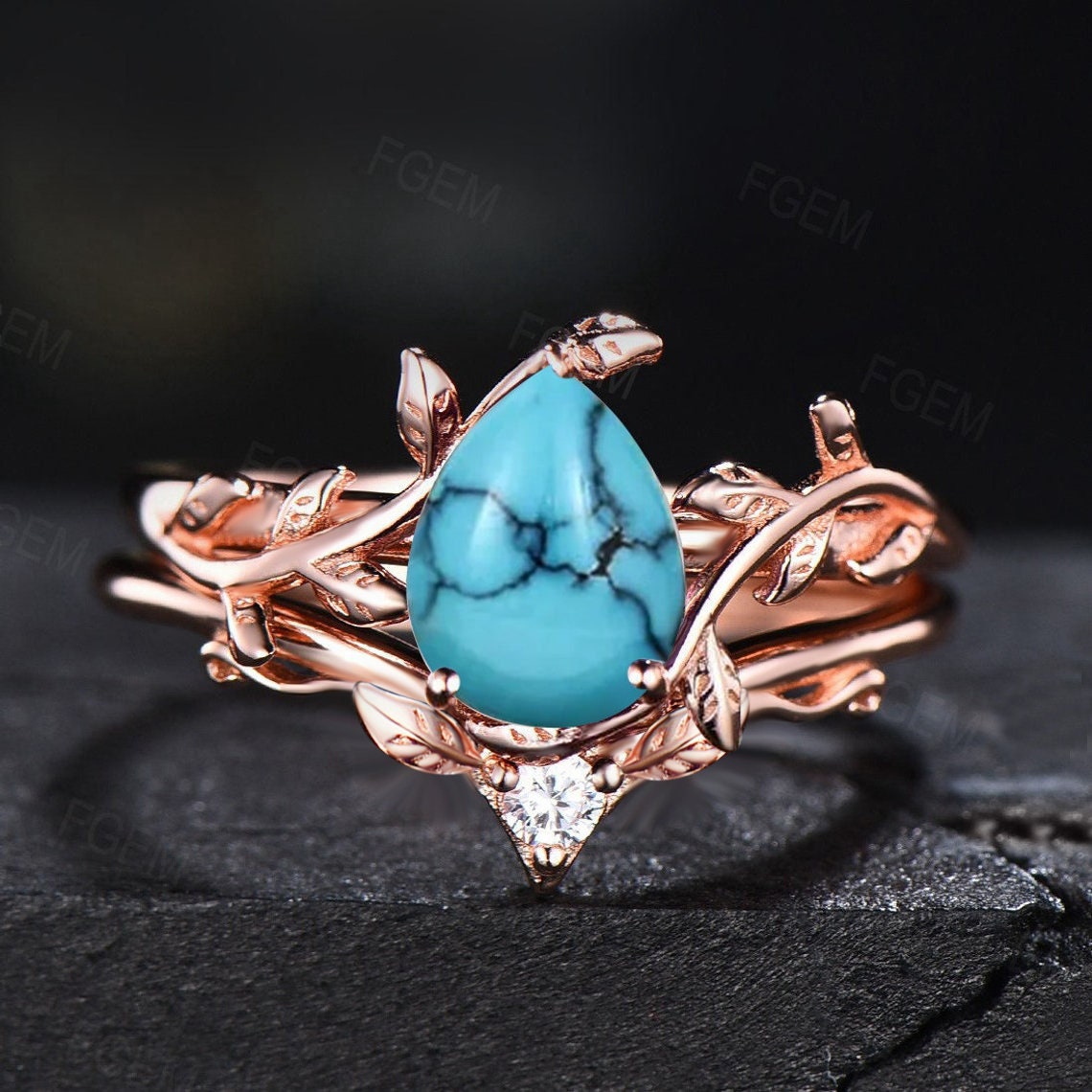 Natural Turquoise Leaf Engagement Rings Vintage Branch Style 1.25ct Pear Shaped Turquoise Bridal Set 14k Rose Gold Nature Inspired Jewelry