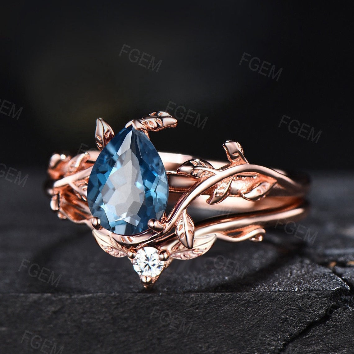 Natural London Blue Topaz Bridal Set December Birthstone Wedding Set Leaf Engagement Ring Unique Pear Solitaire Ring Nature Inspired Jewelry