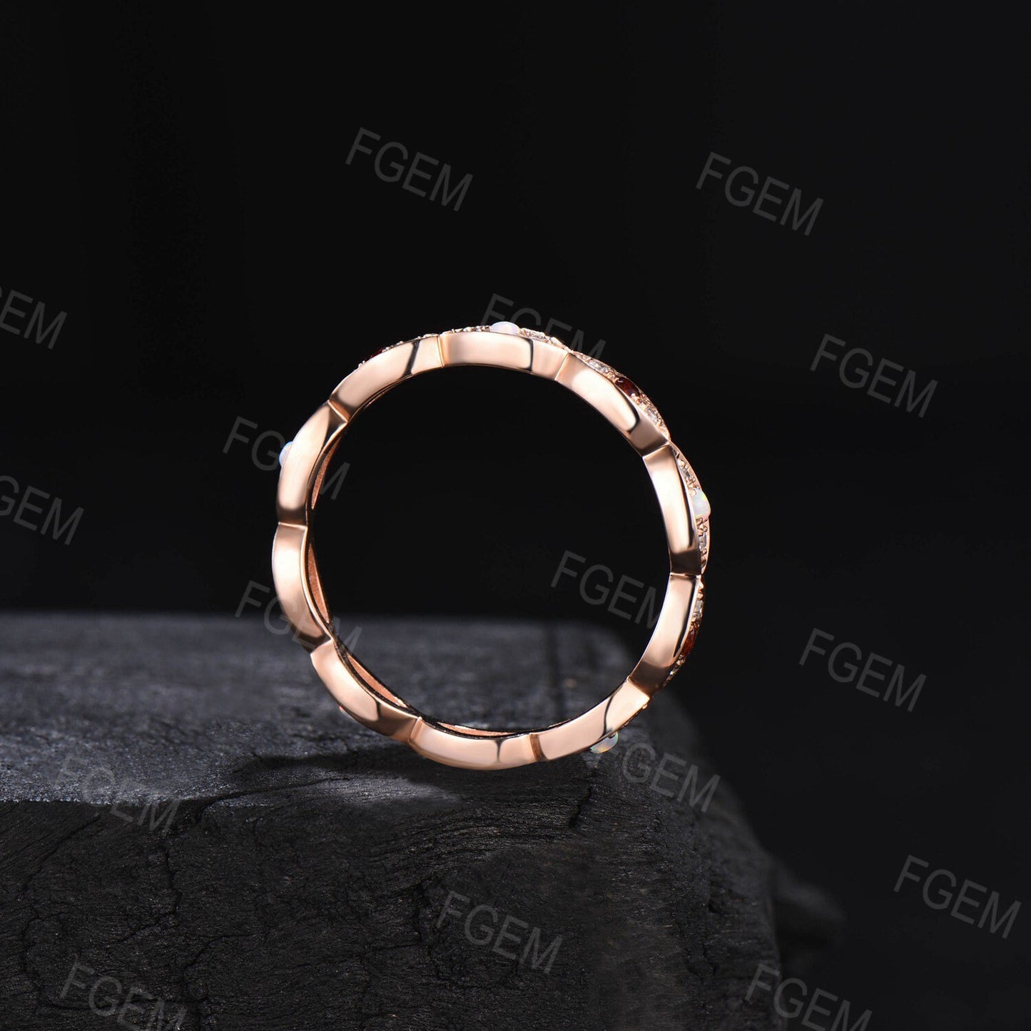 Lace Milgrain Opal Ruby Wedding Band 10k Rose Gold Marquise Stacking Band Milgrain Moissanite Wedding Ring Vintage Anniversary Bridal Ring