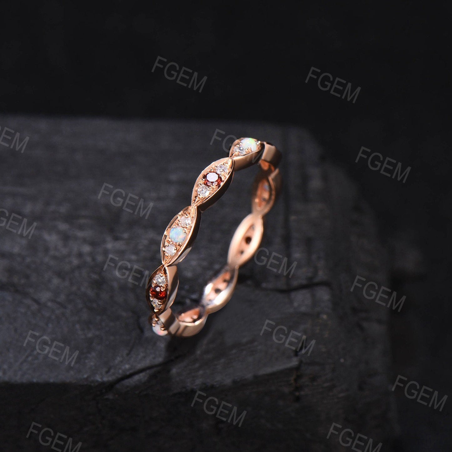 Lace Milgrain Opal Ruby Wedding Band 10k Rose Gold Marquise Stacking Band Milgrain Moissanite Wedding Ring Vintage Anniversary Bridal Ring
