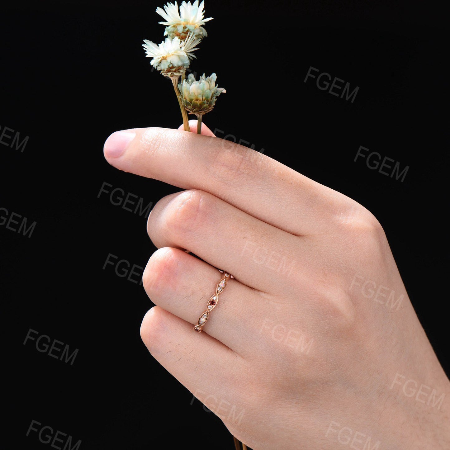 Lace Milgrain Opal Ruby Wedding Band 10k Rose Gold Marquise Stacking Band Milgrain Moissanite Wedding Ring Vintage Anniversary Bridal Ring