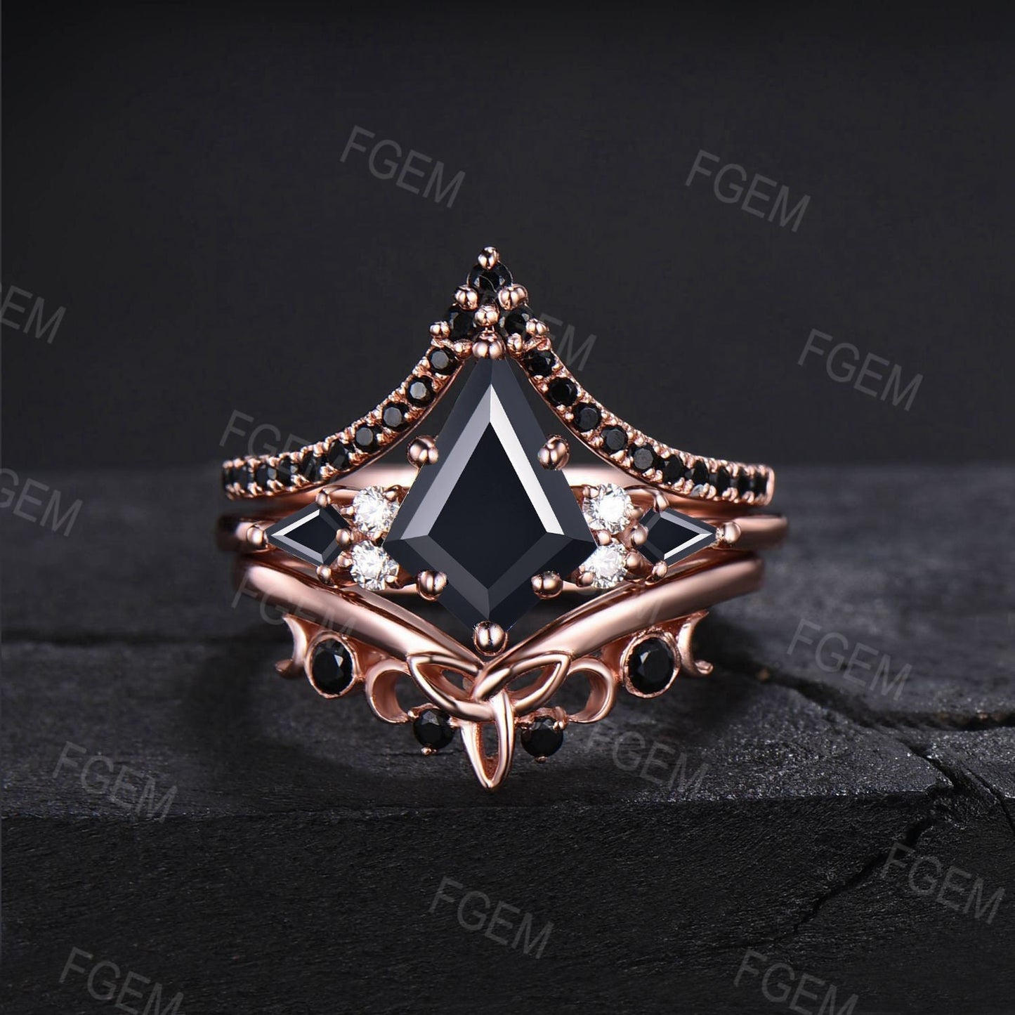 Unique Black Bridal Set 3pc Kite Cut Black Onyx Engagement Ring Set Vintage Antique Art Deco Celtic Knot Black Wedding Ring Set Promise Ring