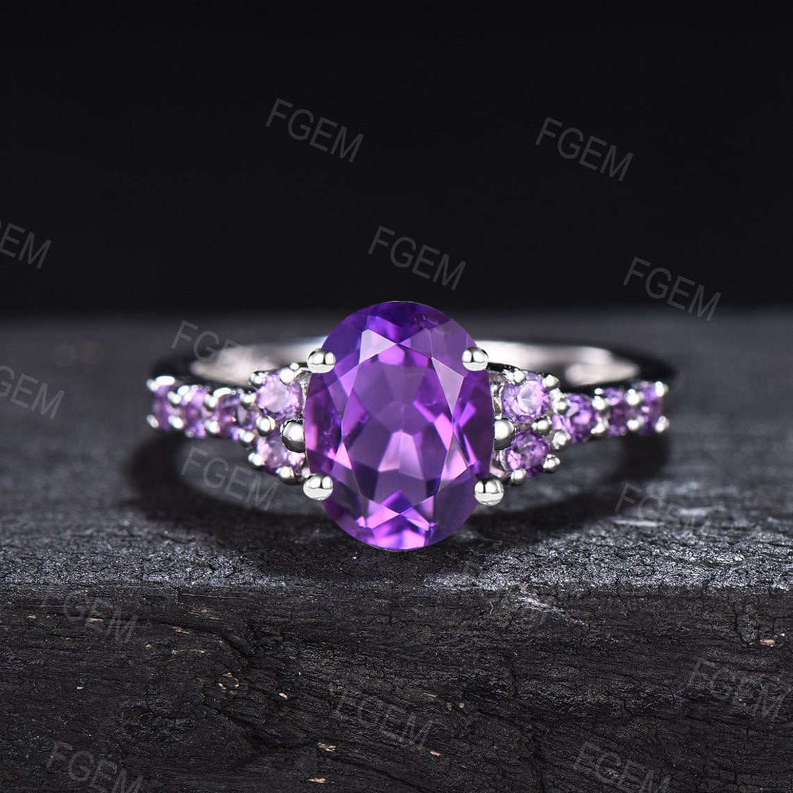 1.5ct Oval Half Eternity Amethyst Engagement Ring February Birthstone Wedding Ring Rose Gold Natural Purple Crystal Amethyst Platinum Ring