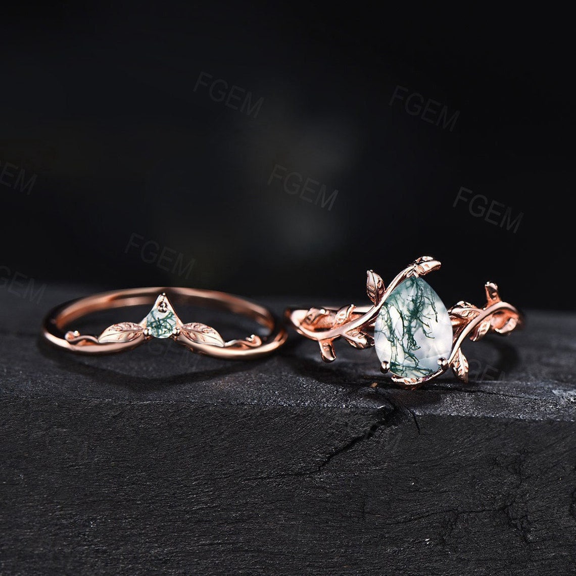 Nature Inspired Engagement Rings Sets 14K Rose Gold Pear Shaped Natural Moss Agate Leaf Wedding Ring Unique Solitaire Rings Anniversary Gift