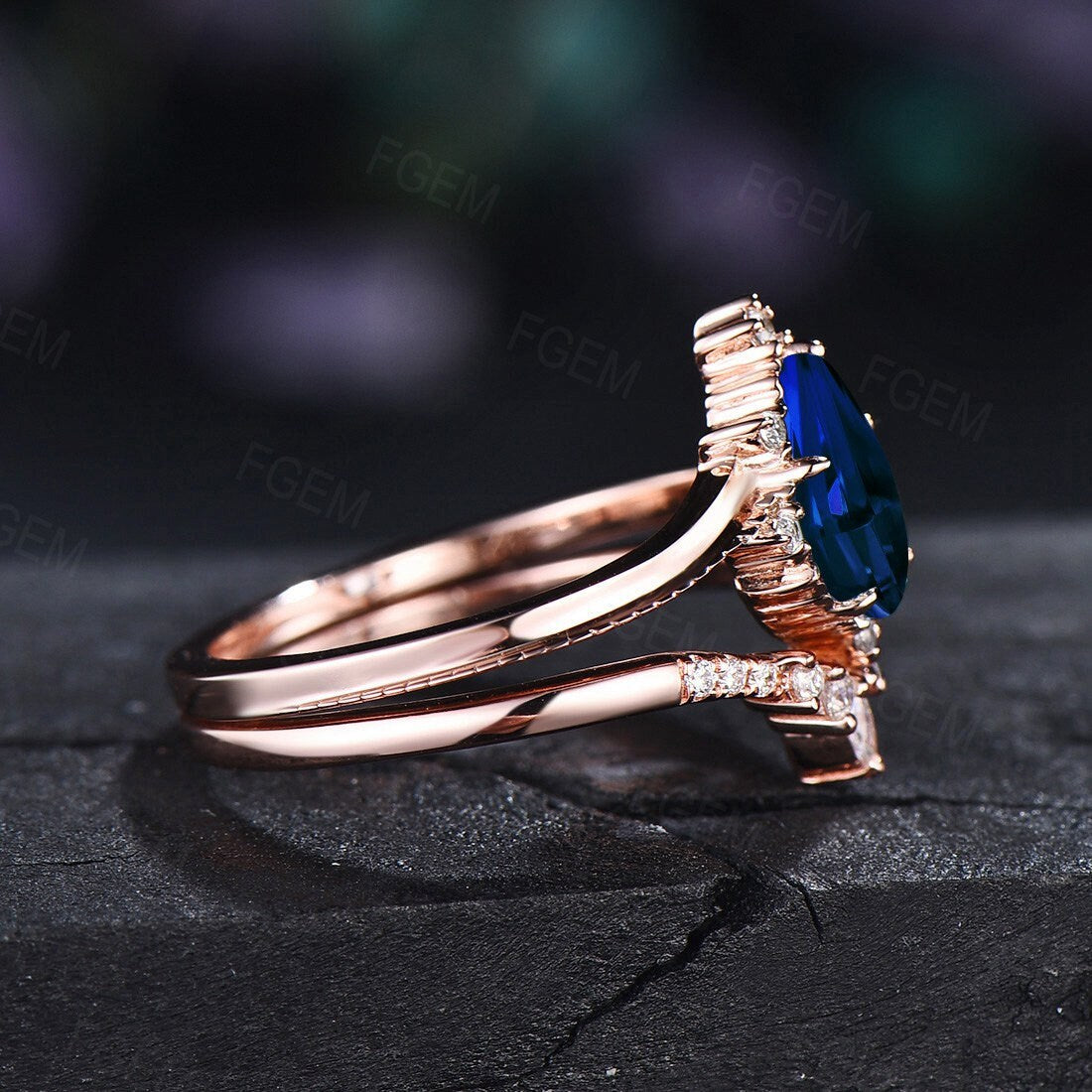 Sterling Silver 1.25ct Pear Shaped Blue Sapphire Engagement Ring September Birthstone Wedding Ring Blue Bridal Set Unique Anniversary Gifts