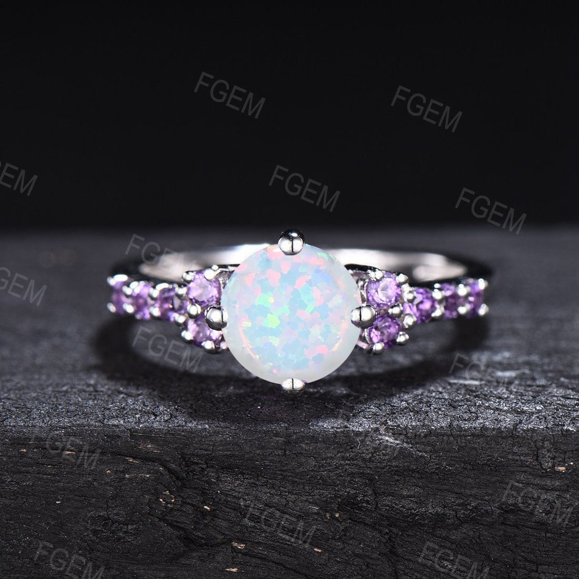1.2ct Round Half Eternity Opal Engagement Rings October Birthstone Wedding Ring White Gold Amethyst Wedding Ring White Opal Platinum Rings