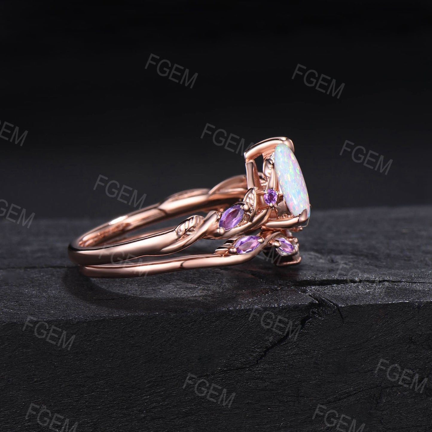 October Birthstone Engagement Ring Set 1.25ct Pear Shaped Nature Inspired Twist White Opal Bridal Set Marquise Natural Amethyst Wedding Ring