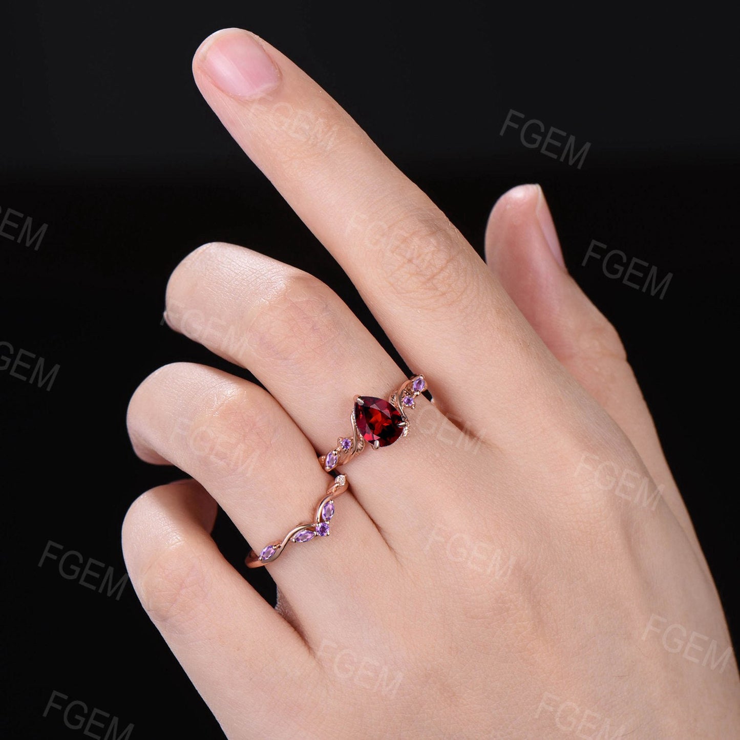 Twist Leaf Natural Garnet Amethyst Bridal Set January Birthstone 1.25ct Pear Shaped Nature Inspired Garnet Ring Set Amethyst Wedding Rings