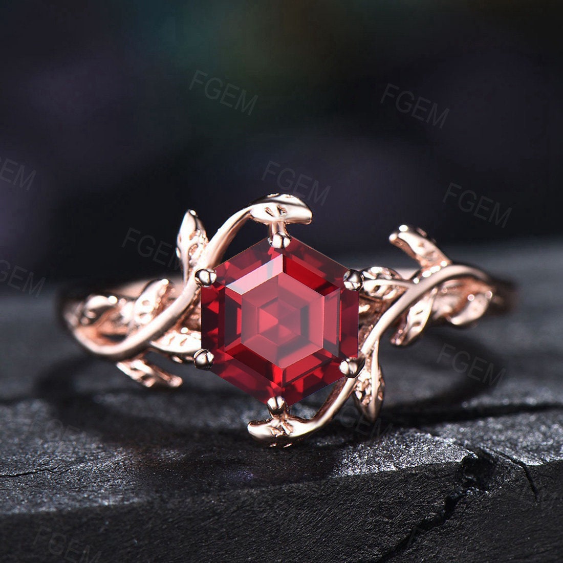1ct Hexagon Cut Ruby Gemstone Jewelry 10K/14K/18K Rose Gold Twig