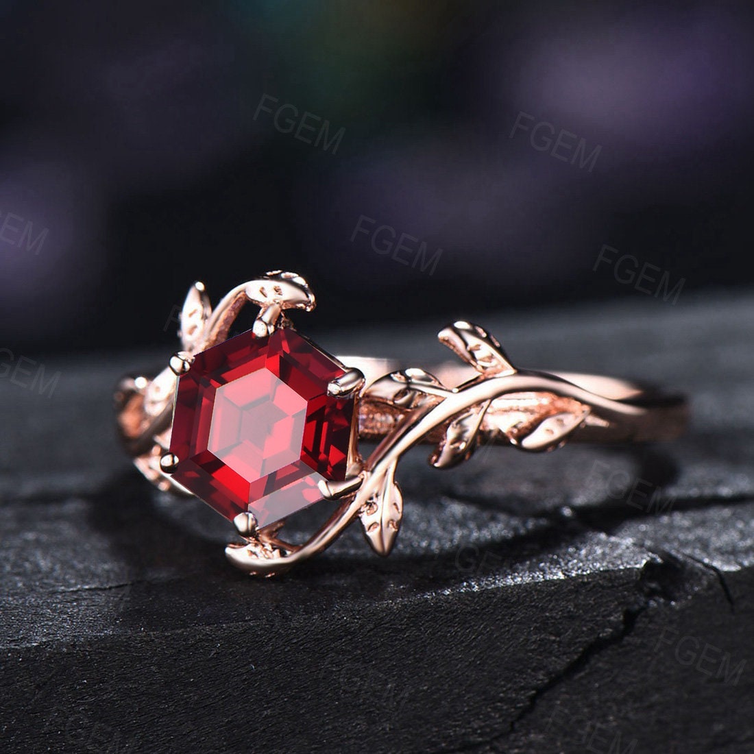 1ct Hexagon Cut Ruby Gemstone Jewelry 10K/14K/18K Rose Gold Twig Leaf Ruby Engagement Rings Anniversary Ring For Women July Birthstone Gift