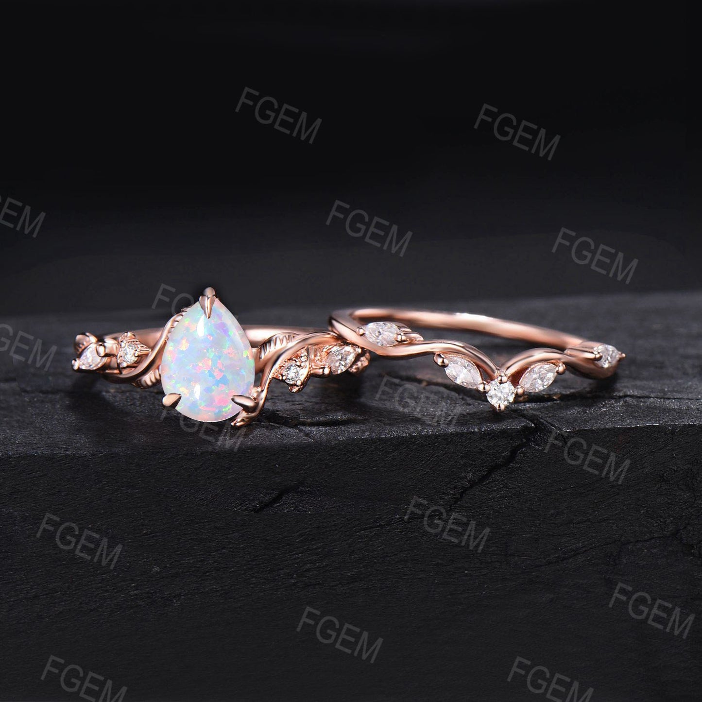 Nature Inspired White Opal Ring Set Vintage 1.25ct Pear Shaped Branch Twig Opal Engagement Ring Twist Leaf Moissanite Opal Wedding Ring Set