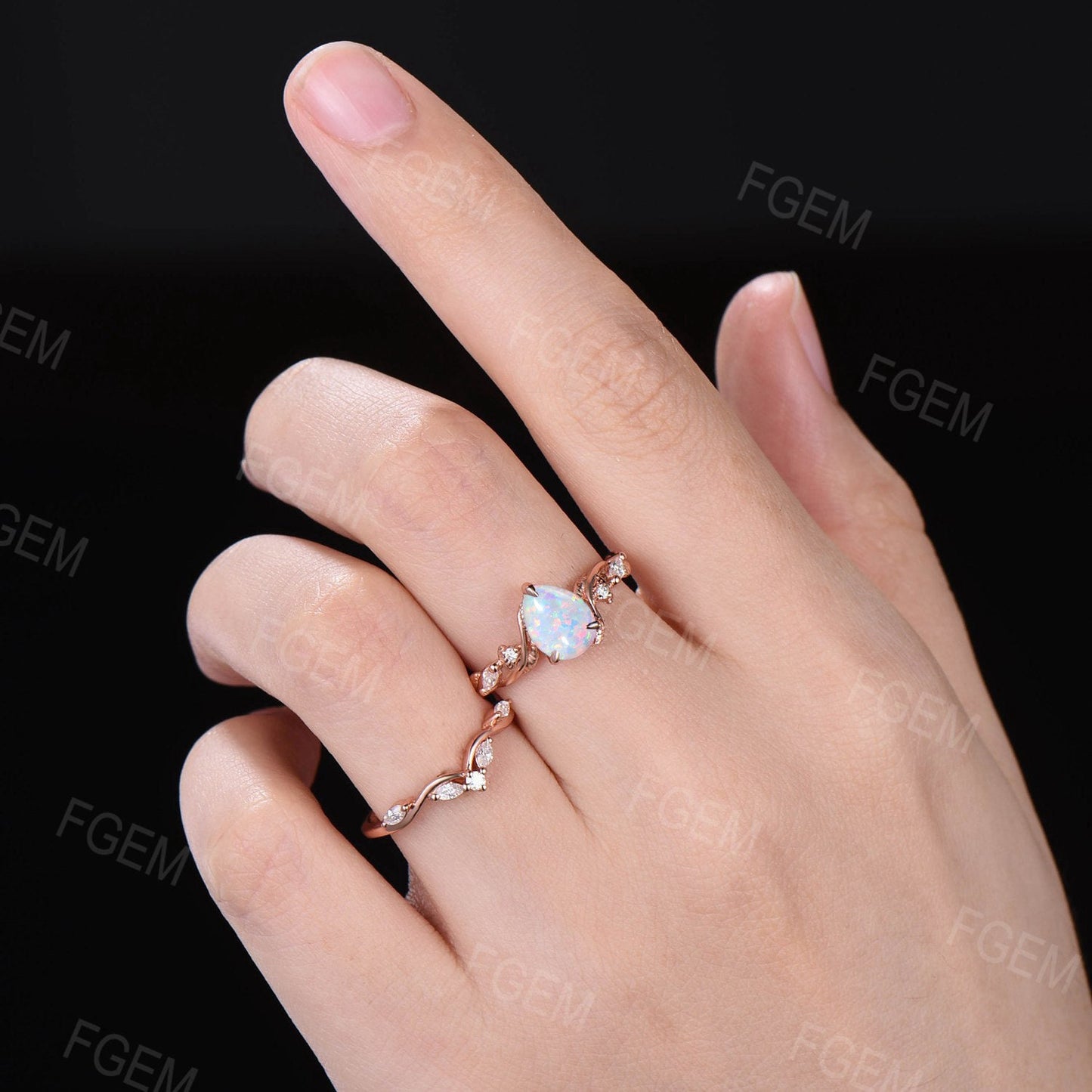 Nature Inspired White Opal Ring Set Vintage 1.25ct Pear Shaped Branch Twig Opal Engagement Ring Twist Leaf Moissanite Opal Wedding Ring Set