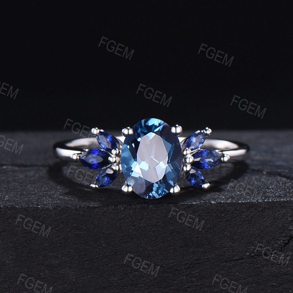 Sterling Silver Real London Blue Topaz Ring Blue Sapphire Cluster Engagement Ring December Birthstone Wedding Ring Unique Anniversary Gift