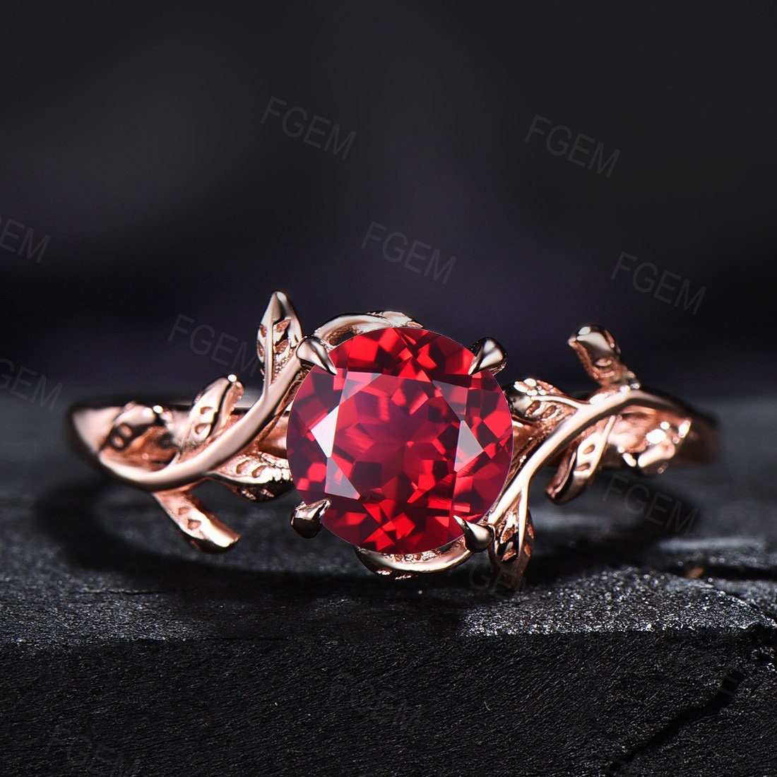 1ct Round Nature Inspired Ruby Gemstone Jewelry Rose Gold Twig Leaf Ruby Engagement Ring Set Unique Anniversary Gifts July Birthstone Ring