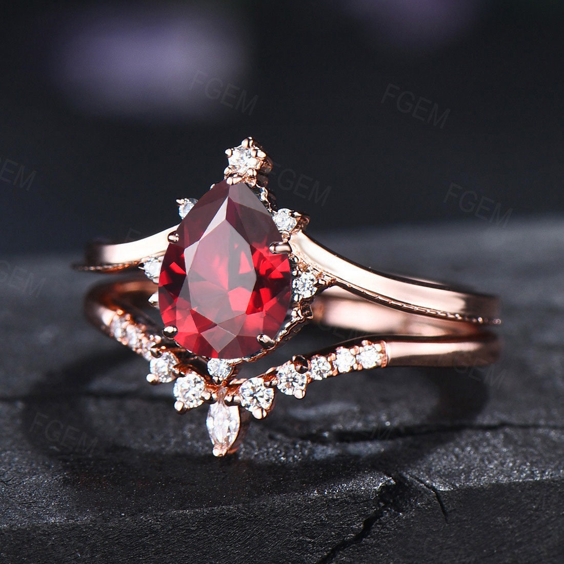 Sterling Silver 1.25ct Pear Shaped Ruby Engagement Ring Set Anniversary/Birthday Gift for Women July Birthstone Gift Red Gemstone Jewelry