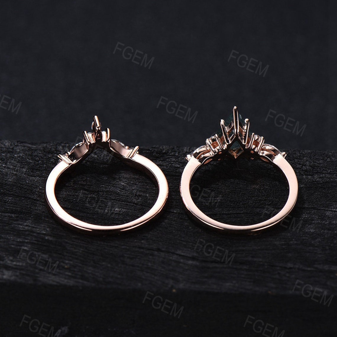 Unique Kite Shaped Moissanite Moon Engagement Ring Kite Bridal Set 2pcs Half Moon Moissanite Ring 10K Rose Gold Crescent Moon Wedding Ring